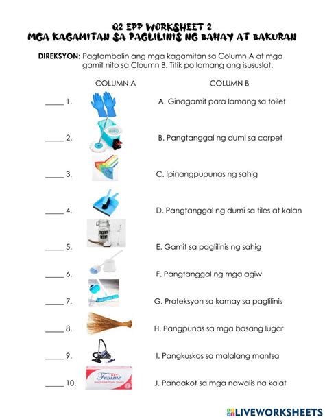 mga panlinis sa bahay|Q2 EPP Worksheet 2 Mga Kagamitan sa Paglilinis ng Bahay at .